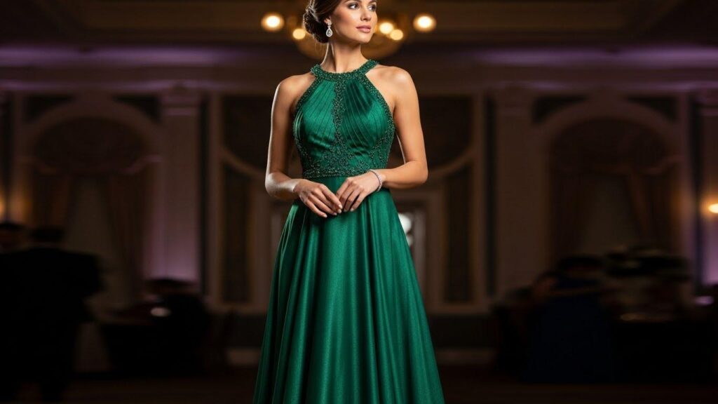 Kobieta w wieczorowej stylizacji z dekoltem halter