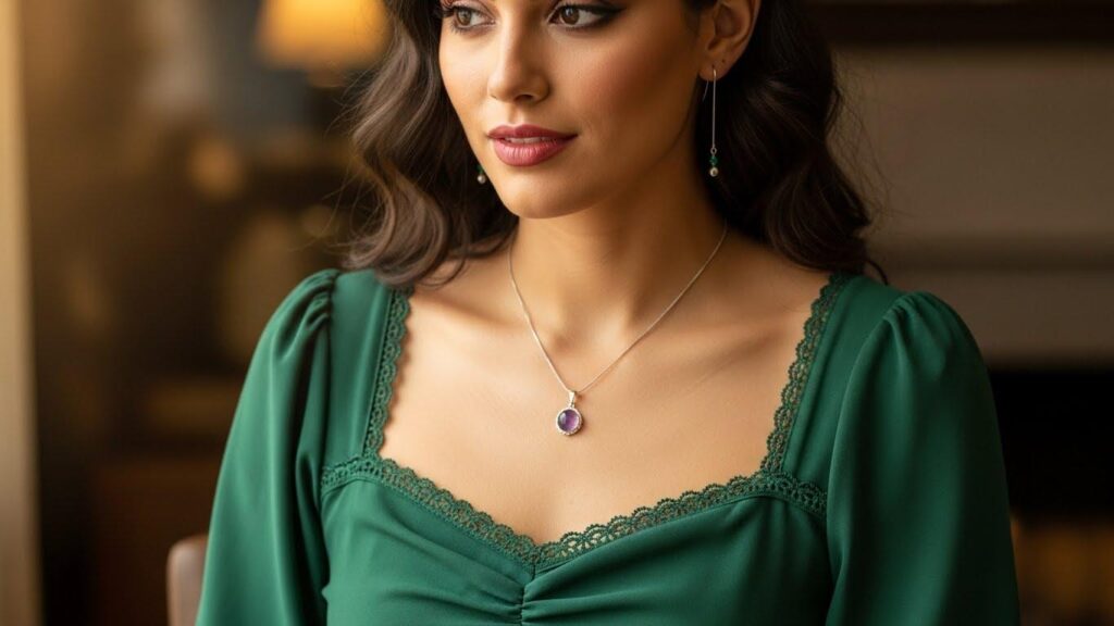 Kobieta w stylizacji z dekoltem hiszpańskim