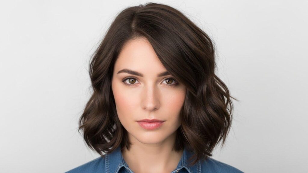 Kobieta z kwadratową twarzą we fryzurze z przedziałkiem na bok