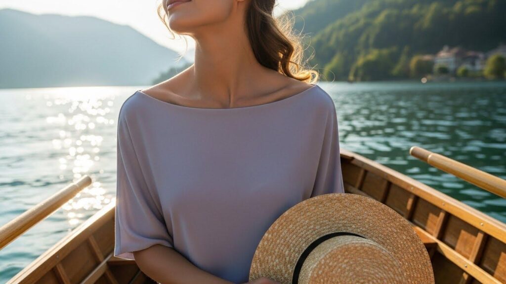 Kobieta w stylizacji z dekoltem łódka