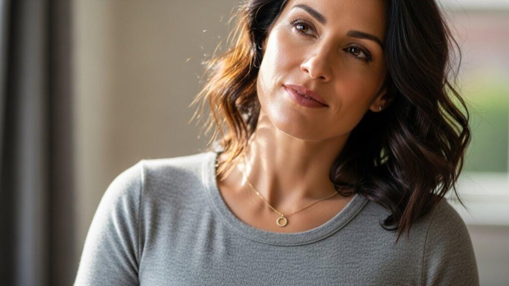 Kobieta w stylizacji z okrągłym dekoltem