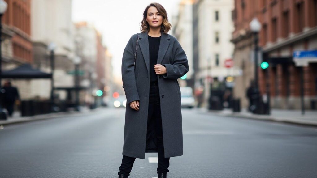 Kobieta z szerokimi biodrami w stylizacji z płaszczem oversize