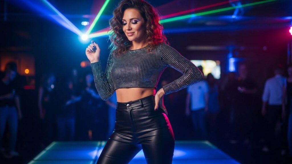 Kobieta w stylizacji do klubu w spodniach