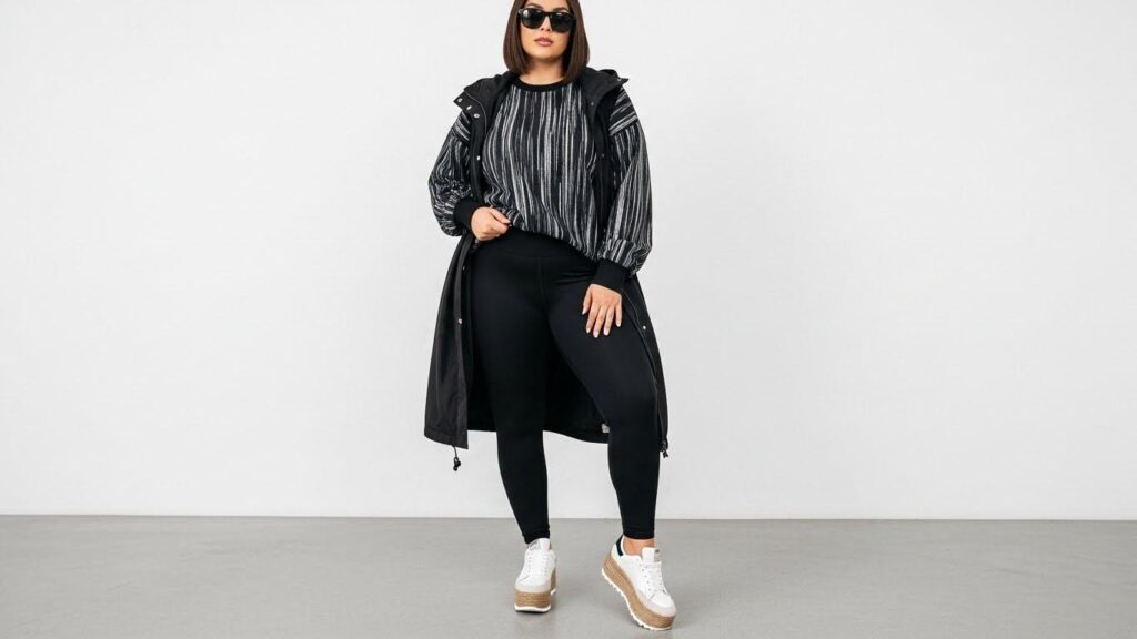 Kobieta z szerokimi biodrami w sportowej stylizacji