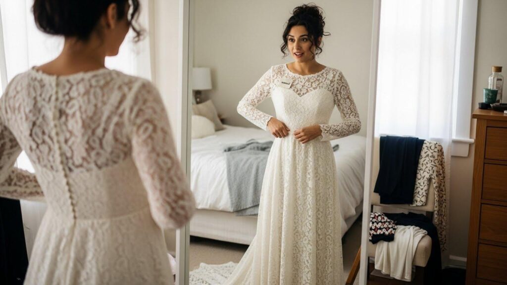 Kobieta przymierzająca suknię ślubną kupioną z drugiej ręki