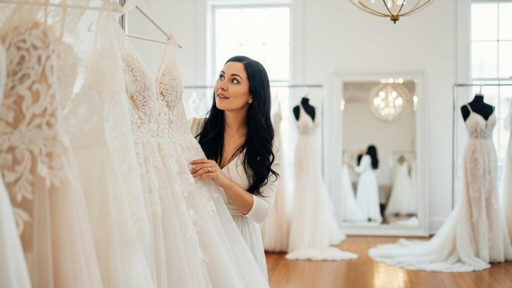Kobieta wybierającą suknię ślubną