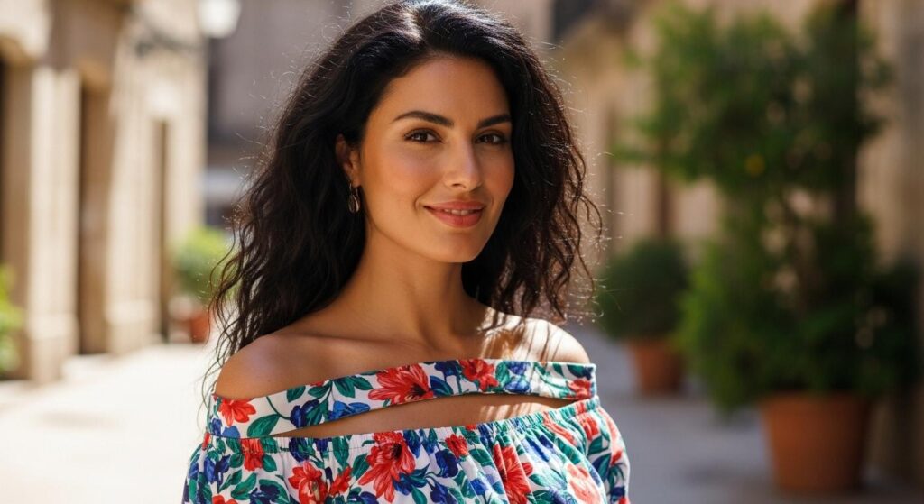 Stylizacja casual z dekoltem hizpanskim