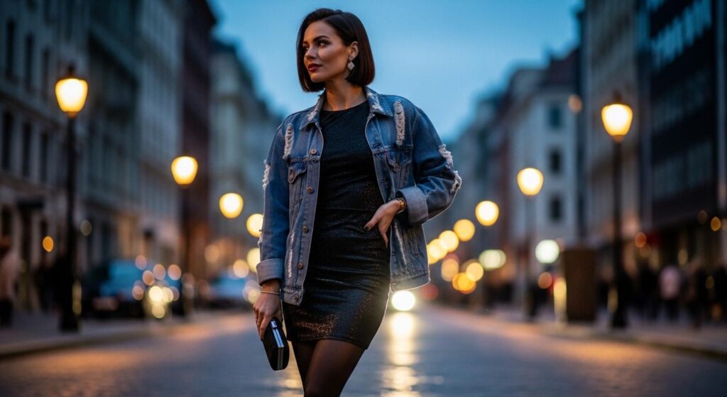 Stylizacja wieczorowa z kurtką jeansową