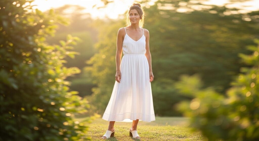 Stylizacja bialej sukienki i muli