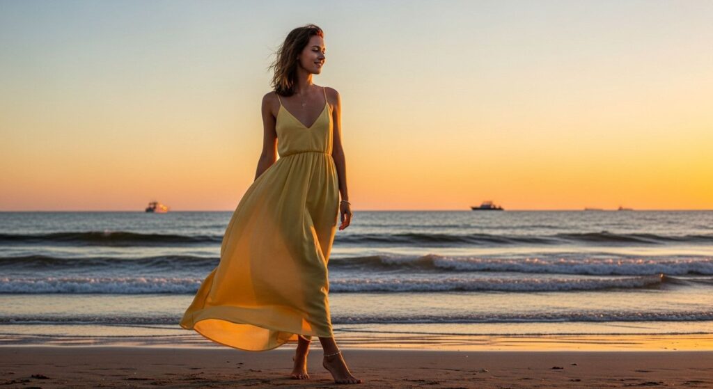Kobieta w letniej sukience maxi na plaży