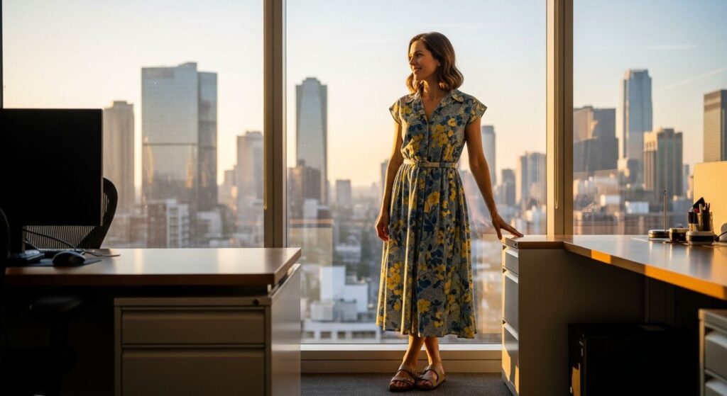 Kobieta w letniej sukience midi w biurze o zachodzie słońca