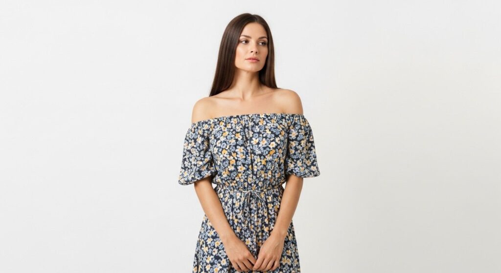 Kobieta w sukience z odkrytymi ramionami (off-shoulder)