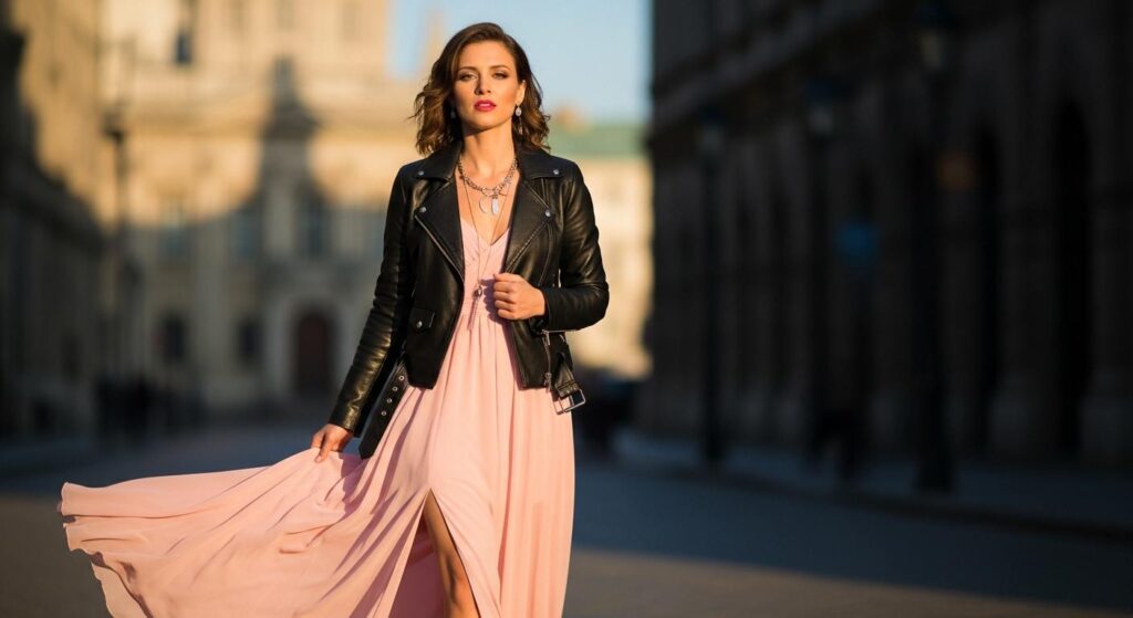 Kobieta w weselnej stylizacji z ramoneską