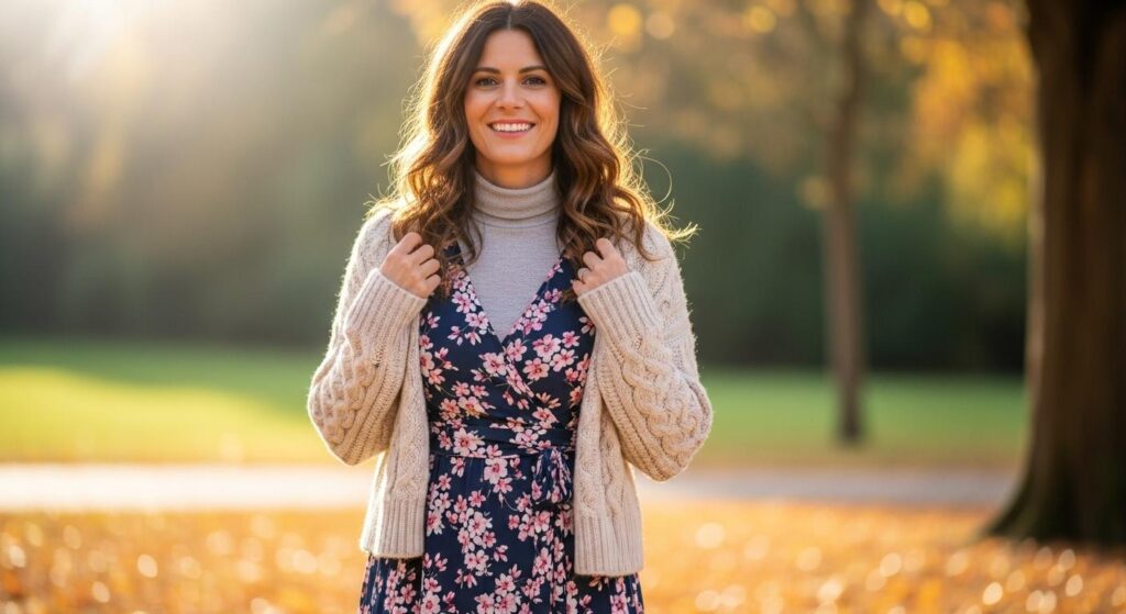 Kobieta w letniej sukience wystylizowanej na jesień