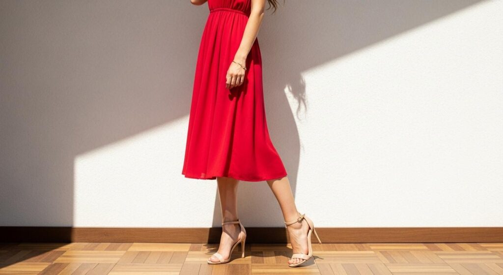 Stylizacja kobiety w czerwonej sukience i beżowych szpilkach