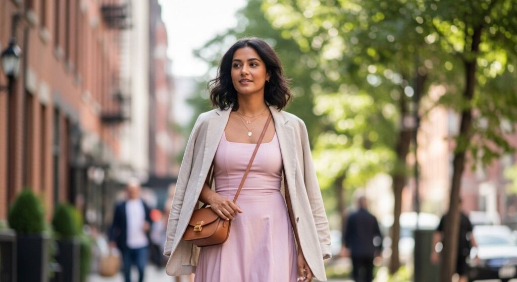 Beżowa marynarka do sukienki w kolorze pudrowego różu