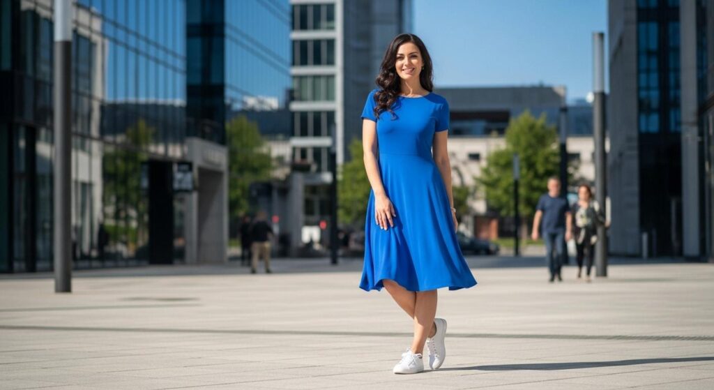 Kobieta w niebieskiej sukience i białych butach