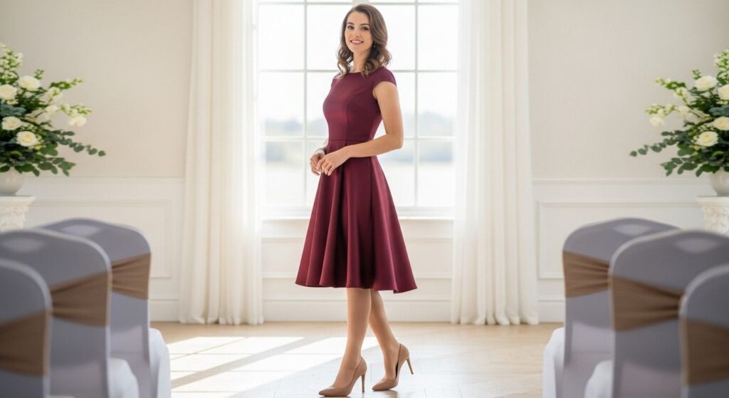 Weselna stylizacja bordowej sukienki, z klasycznymi, delikatnymi, cielistymi rajstopami