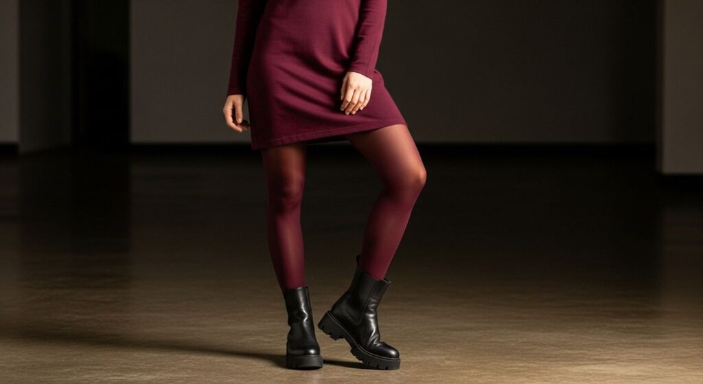 Bordowe rajstopy do bordowej sukienki - bordowy total look