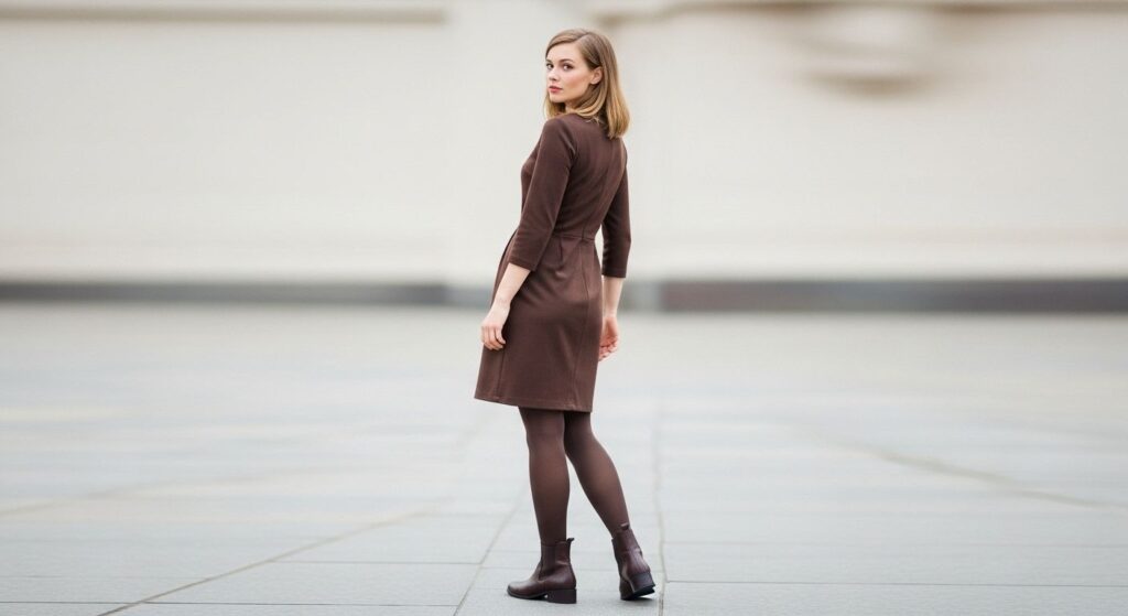 Brązowe rajstopy i brązowa sukienka - stylizacja total look