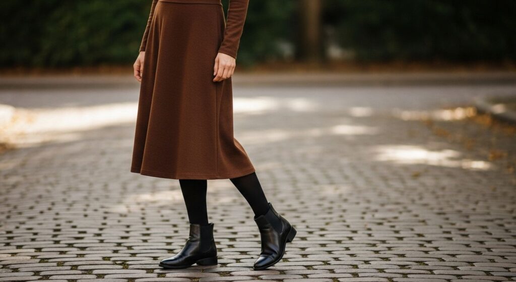 Czarne rajstopy do brązowej sukienki