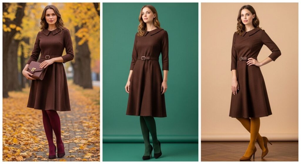 Trzy stylizacje brązowej sukienki z rajstopami w kolorach: bordo, zieleni i musztardowym