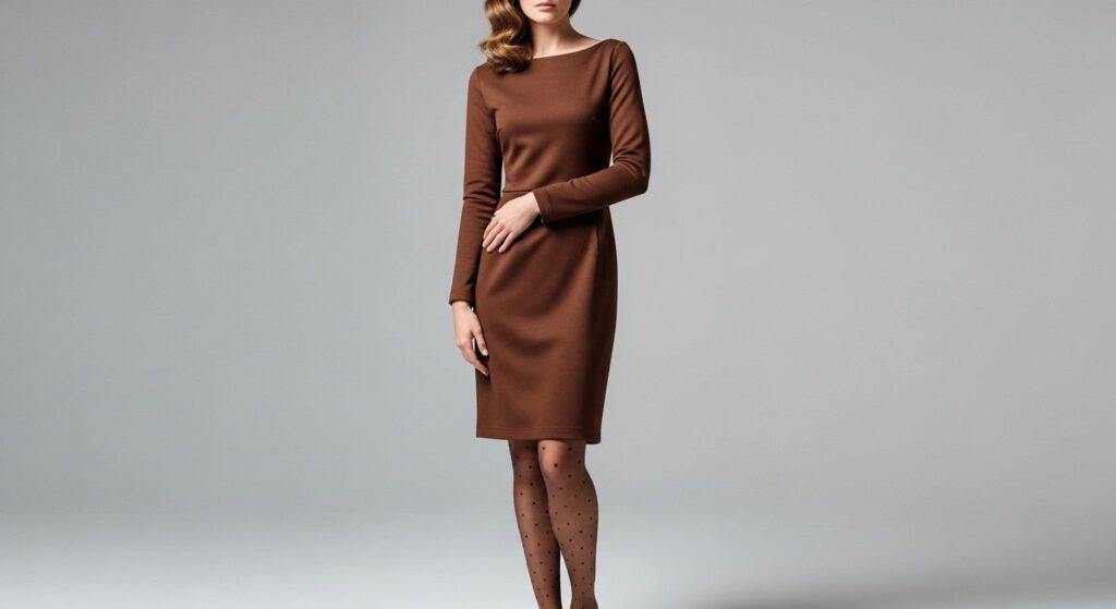 Wzorzyste rajstopy do brązowej sukienki - delikatne kropki