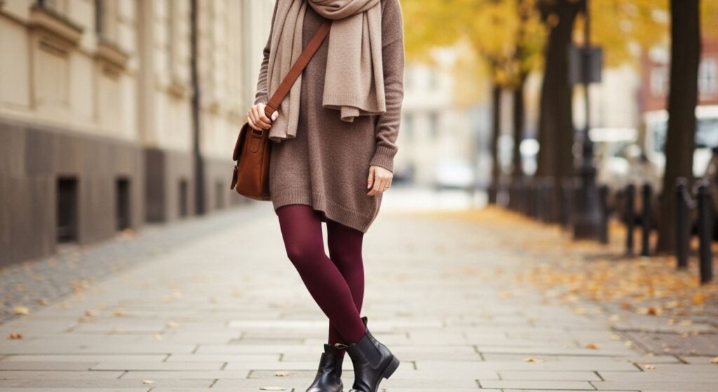 Codzienna stylizacja brązowej sukienki z rajstopami