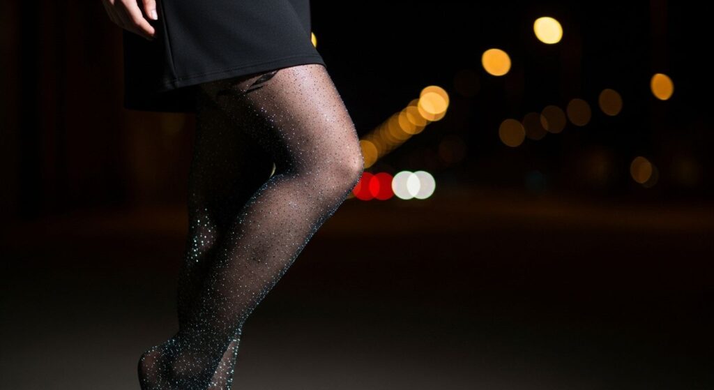 Brokatowe rajstopy do czarnej sukienki