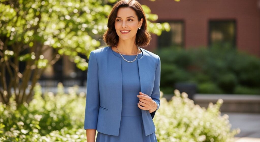 Chabrowy total look - chabrowa sukienka i chabrowy żakiet