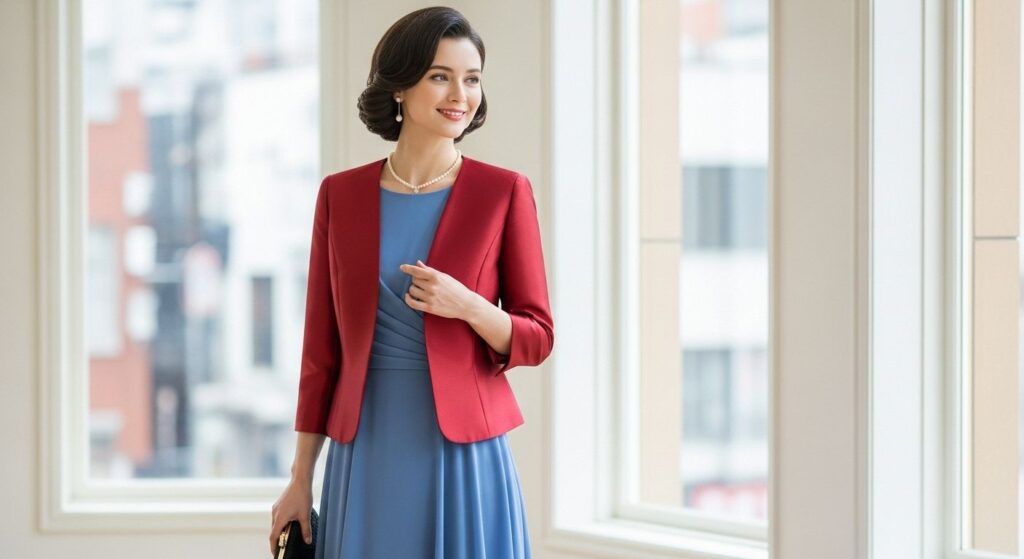 Czerwony żakiet do chabrowej sukienki