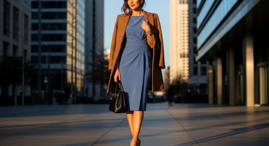 Długi żakiet do chabrowej sukienki ołówkowej