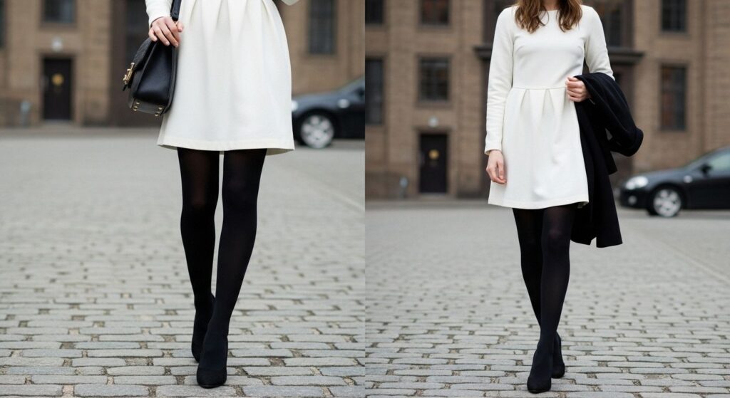 Biała sukienka połączona z czarnymi rajstopami