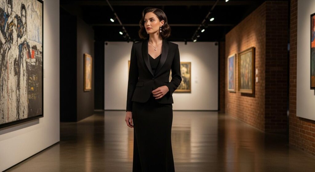 Kobieta w czarnej sukience i czarnym żakiecie