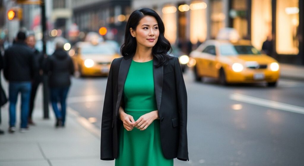 Klasyczna czarna marynarka do zielonej sukienki