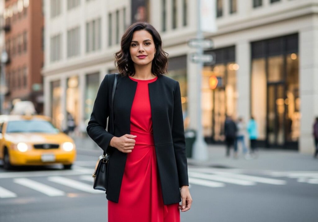 Kobieta w czerwonej sukience i czarnym żakiecie