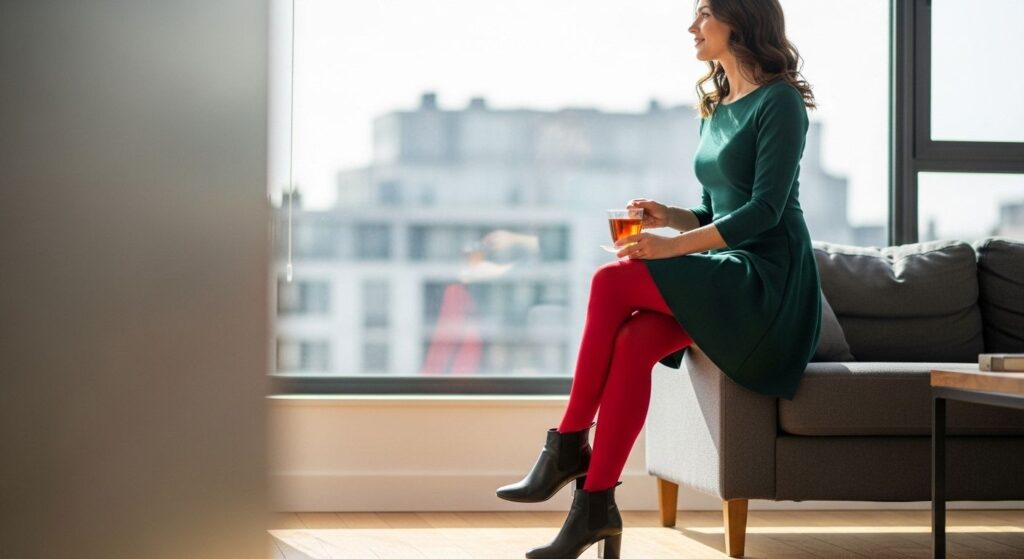 Stylizacja zielonej sukienki z czerwonymi rajstopami