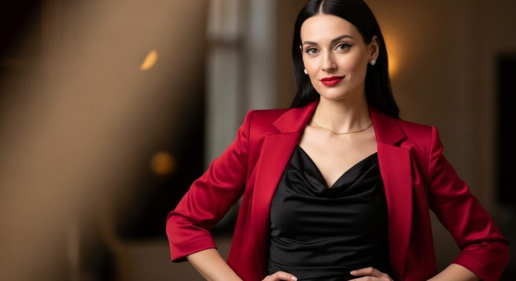 Kobieta w czarnej sukience i czerwonym żakiecie