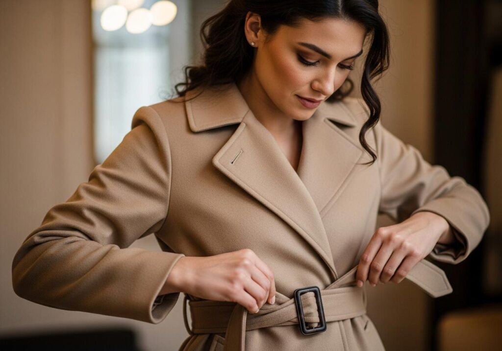 Kobieta wiążąca pasek od płaszcza