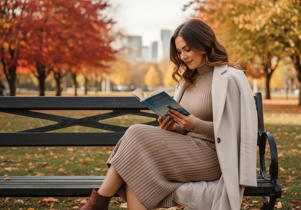 Kobieta siedzi na ławce z książką, ubrana w prążkowaną, beżową sukienkę dzianinową midi.