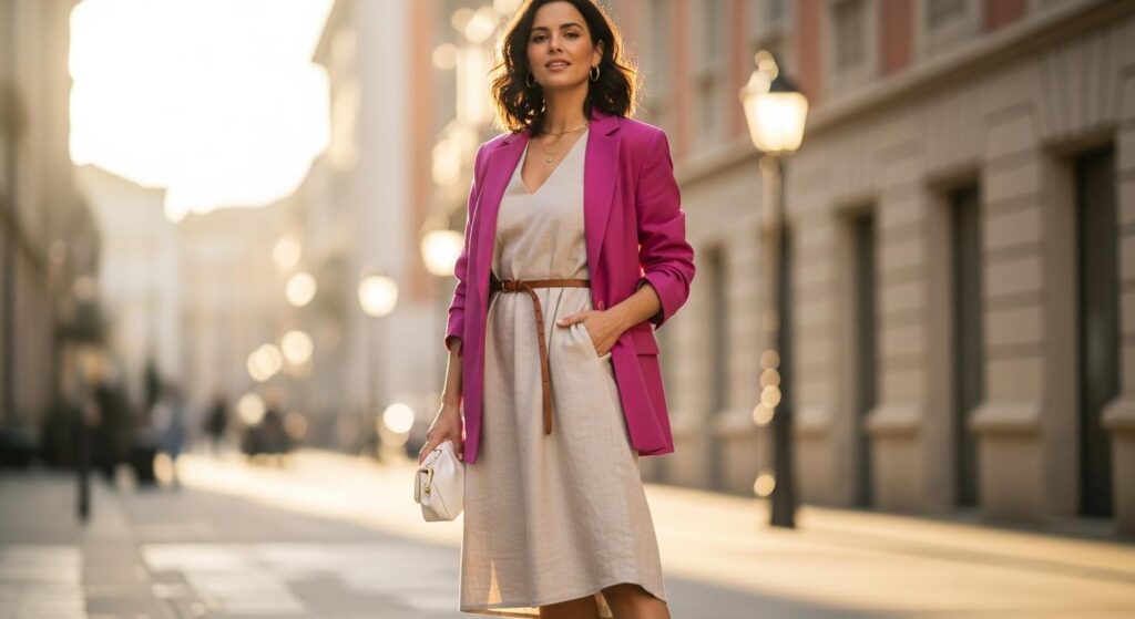 Kobieta w beżowej sukience i fuksjowym żakiecie