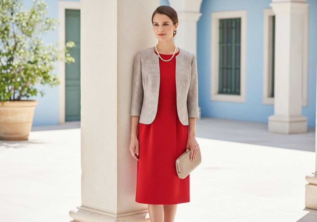 Kobieta w czerwonej sukience z beżowym żakietem