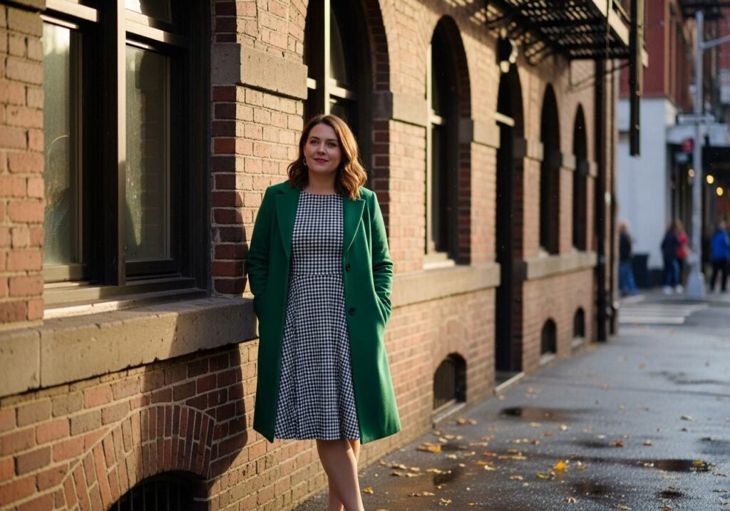 Kobieta w sukience w kratę i płaszczu