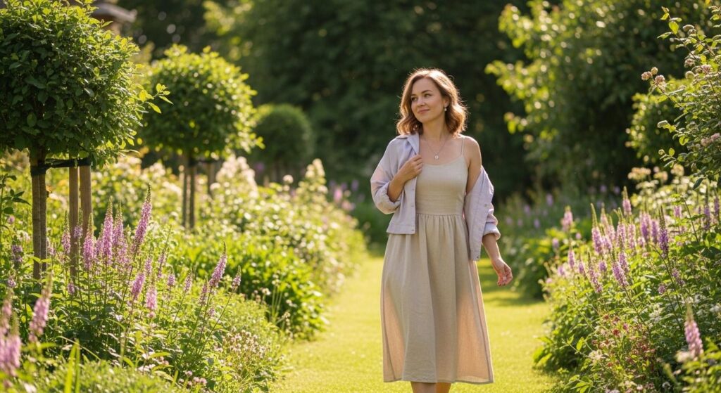 Kobieta w beżowej sukience i żakiecie w lawendowym kolorze