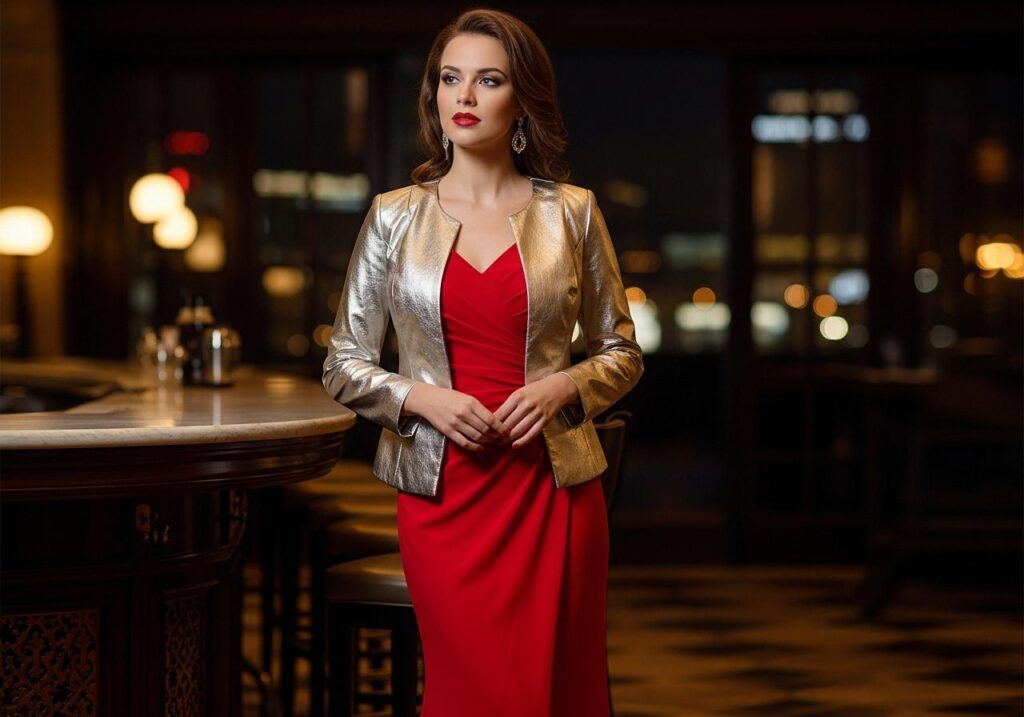 Kobieta w czerwonej sukience i metalicznym żakiecie