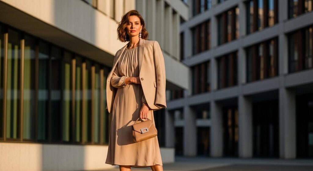 Kobieta w beżowej sukience i beżowym żakiecie