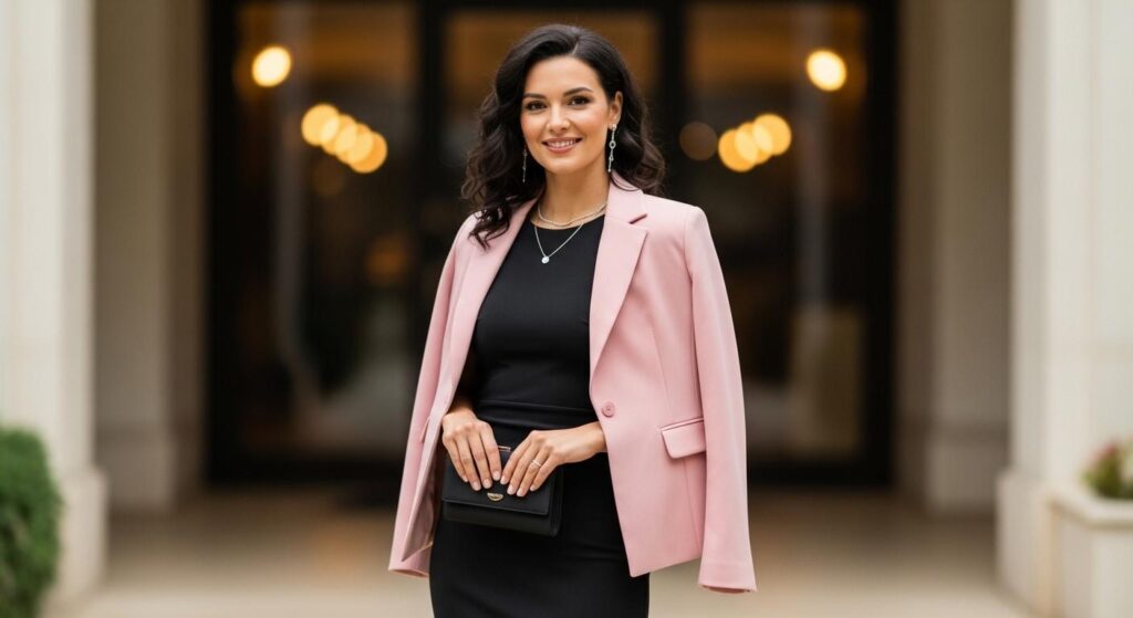 Kobieta w czarnej sukience i żakiecie w kolorze pudrowego różu