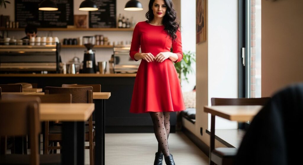 Rajstopy w kropki do czerwonej sukienki