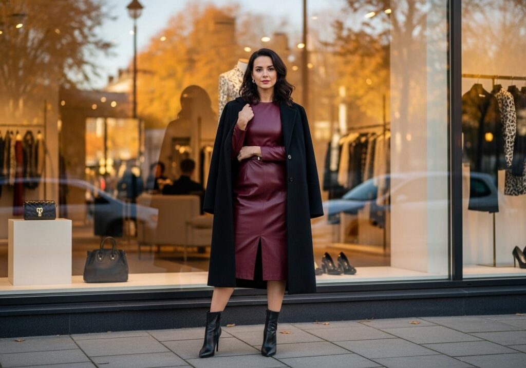 Kobieta w bordowej, skórzanej sukience midi