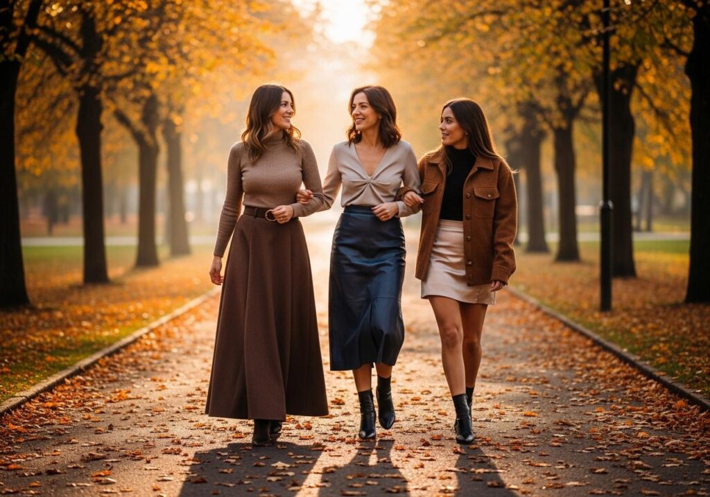 Kobiety w jesiennej stylizacji ze spódnicą